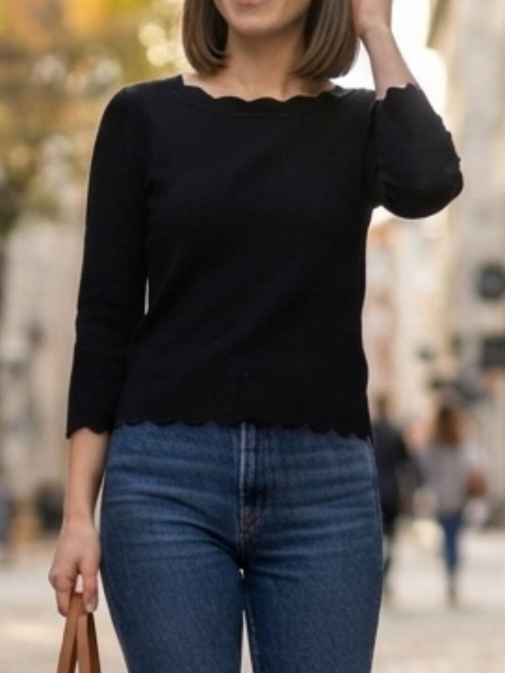 CABLE & GAUGE Scalloped Neckline Knit Top Black Small Petite